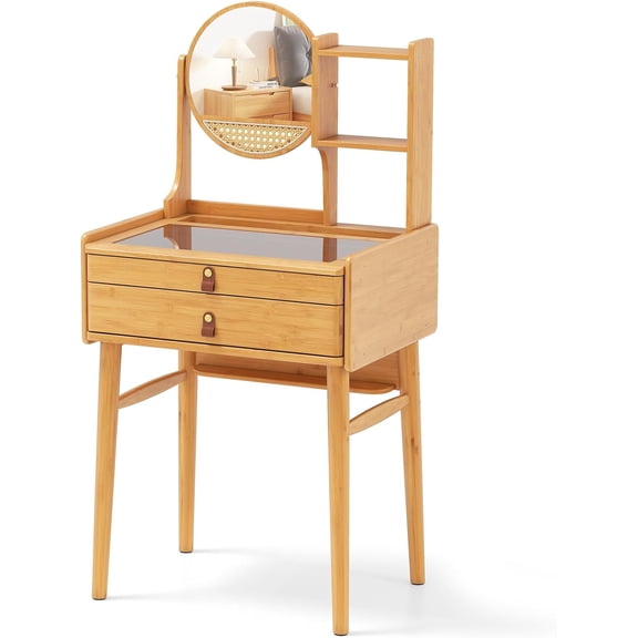 MAT EXPERT Vanity Desk with Rotatable Mirror, Bamboo Makeup Dressing Table with Storage Drawers, Shelves and Transparent Tempered Glass Tabletop, Small Vanity Table for Bedroom, Small Spaces