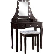 MAT EXPERT Vanity Set with Lighted Mirror and Drawers, Modern Dressing Table w/Cushioned Stool & Divided Compartment, Makeup Dresser w/360  Rotatable Mirror, Bedroom Vanity Set w/10 LED Light Brown