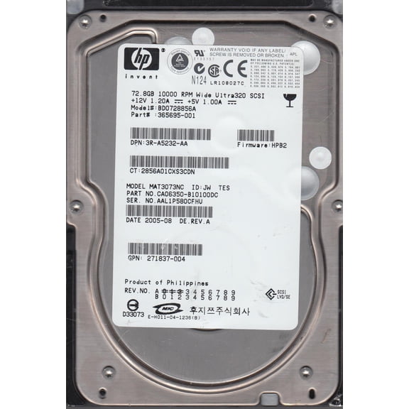 MAT3073NC, PN CA06350-B10100DC, HP 72.8GB SCSI 3.5 Hard Drive