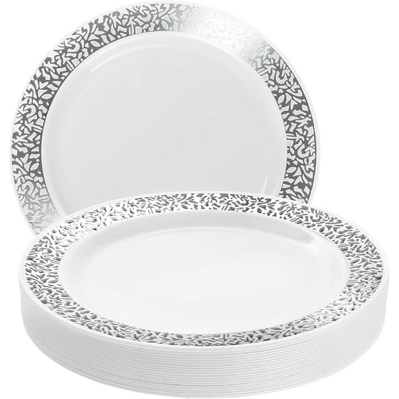MATANA 20 Premium Plastic Dinner Plate Set with Silver Lace Detail Rim, Multi-Use Dinner Party Plates - 26cm / 10"