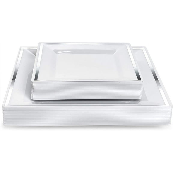 MATANA Premium Square Silver Rim Plastic Party Plates, 20 x 9.5" and 20 x 6.5"
