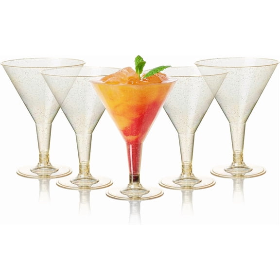 MATANA 48 Glitter Gold Plastic Martini Cocktail Glasses 7 oz - Elegant & Reusable - Manhattan, Margarita, Cosmopolitan, Desserts - Weddings, Birthdays, Parties