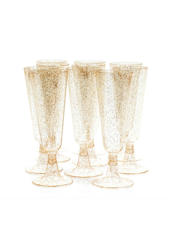 MATANA 50 Gold Glitter Plastic Champagne Flutes 5oz Clear Plastic Toasting Glasses, Mimosa Glasses, Cocktail Cups, Champagne Glasses - Wedding Anniversary Garden Barbecue Parties, Reusable