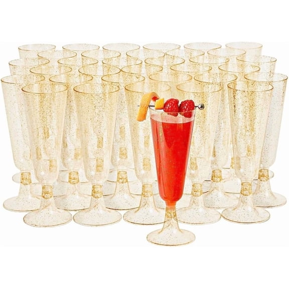 MATANA 5oz Gold Glitter Reusable Plastic Champagne Flutes Set of 50