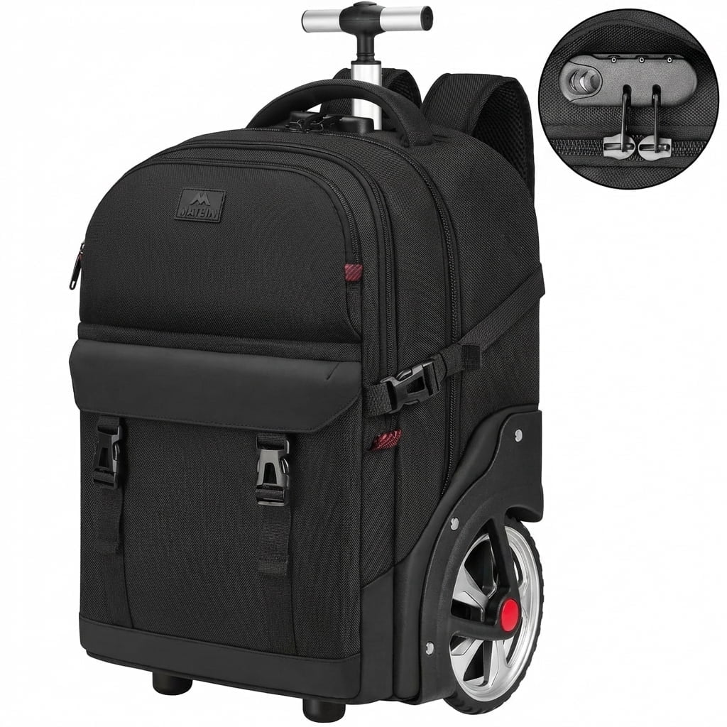 Matein Rolling Travel Backpack for Adults, 17 inch Laptop Backpack with Wheels with Combination Lock, Black Matein Rolling Travel Backpack for Adults, 17 inch Laptop Backpack with Wheels with Combination Lock, Black