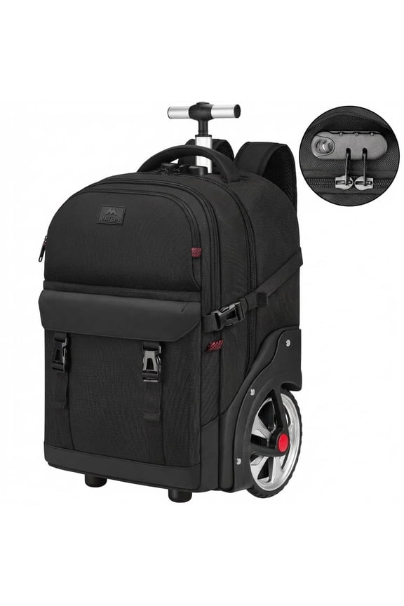 Rolling Travel Backpack for Adults, 17 inch Laptop Backpack with Wheels with Combination Lock, Black