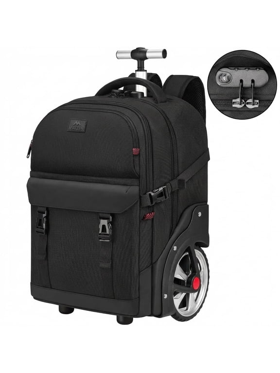 Rolling Travel Backpack for Adults, 17 inch Laptop Backpack with Wheels with Combination Lock, Black