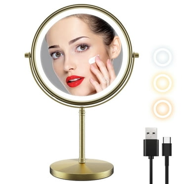 MATEPROX 8" Lighted Makeup Mirror with Stand, 1X 10X Magnifying Mirror Double Side, Detachable Table Top Vanity Mirror- Brushed Gold