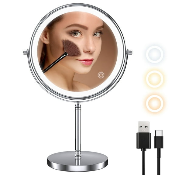 MATEPROX 8" Lighted Makeup Mirror with Stand, 1X 10X Magnifying Mirror Double Side, Detachable Table Top Vanity Mirror-Silver