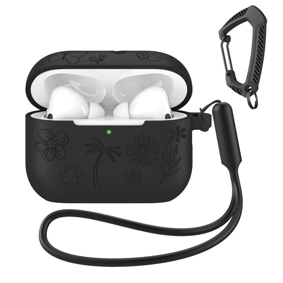 MATEPROX Flower Design Compatible with AirPods Pro 3 Case with Keychain/Hand Strap, Pro 3rd Generation[2025] Silicone Protective Headphone Cover Support Wireless Charging-Black