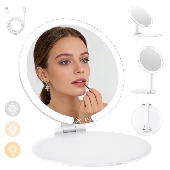 MATEPROX Foldable LED Makeup Mirror with 3 Color Light Desk Mirror Folds Flat with Auto-Detection Memory Function Auto On/Off USB Rechargeable Adjustment Brightness/Angle Portable Design