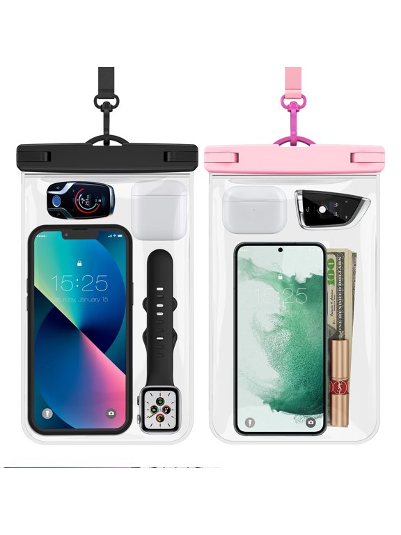 Large Waterproof Phone Pouch for Swimming, 10.5" 2 Packs Water Proof Phone Case Bag with Lanyard for 14/13/12/11/X Pro Max/Galaxy S22 Ultra(BK+PK)