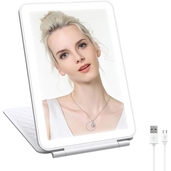MATEPROX Rechargeable Travel Makeup Mirror with 3 Color Lighting Portable Lighted Vanity Mirrors 72 LED Lights Dimmable Touch Screen Beauty Cosmetic Tabletop Folding Mirror - Rhombic White