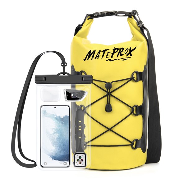 MATEPROX Waterproof Dry Bag, 10L Floating Dry Pouch Beach Bags for Kayaking Boating Rafting with Large Waterproof Phone Pouch-Yellow