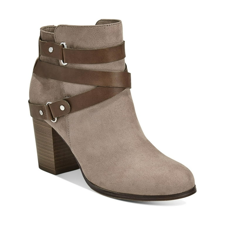 MATERIAL GIRL Womens Beige Buckled Strap Hardware Detail Cushioned Melany Round Toe Block Heel Zip Up Booties 10.5 M