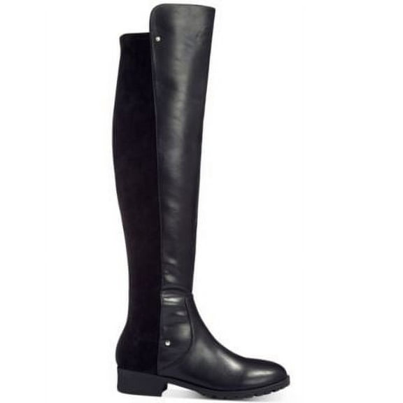 MATERIAL GIRL Womens Black Mixed-Media Metallic Accents Zipper Accent Webby Round Toe Block Heel Riding Boot 6.5 M