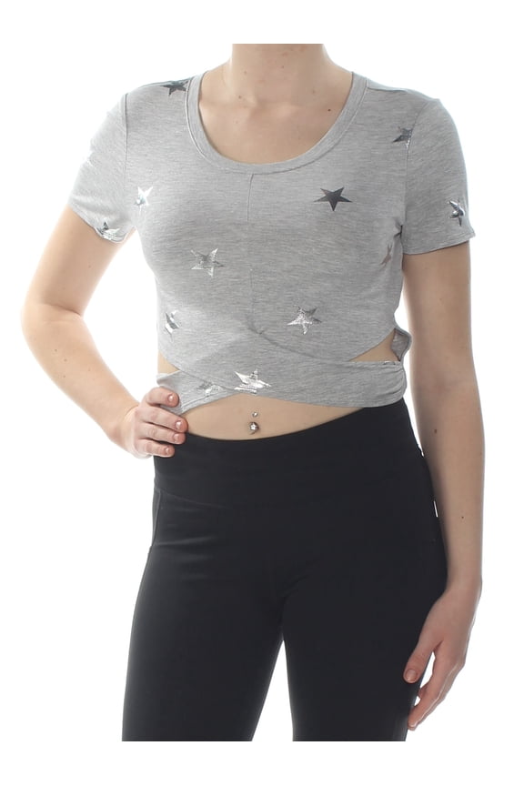 Womens Gray Printed Star Short Sleeve Scoop Neck Crop Top Active Wear Top Juniors  Size: L