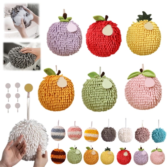 MATN Absorbent Hanging Hand Towel Ball: Quick-Dry Chenille Plush Towel, 6.7in Fuzzy Ball Hand Towel Puff Ball, Soft & Ultra-Absorbent, Wipe Hands Towels Ball for Kitchen & Bathroom (D)