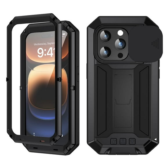 MATN Compatible with iPhone 16 Pro Max Metal Case with Slide Camera Cover Built in Screen Protector Full Body Hybrid Case Kickstand Military Heavy Duty Armor Silicone Rugged Case for Man Woman