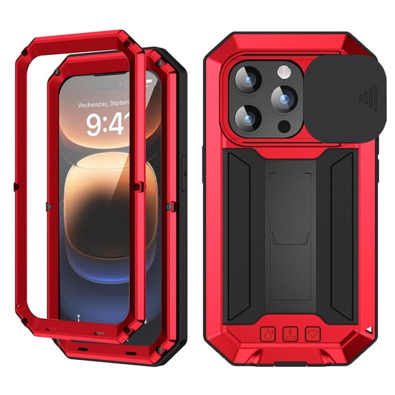 MATN Compatible with iPhone 16 Pro Max Metal Case with Slide Camera Cover Built in Screen Protector Full Body Hybrid Case Kickstand Military Heavy Duty Armor Silicone Rugged Case for Man Woman
