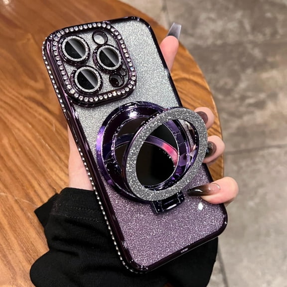 MATN Plating Glitter Diamond Makeup Mirror Bracket Phone Case for iPhone 15 Pro Max 12 13 Pro 14 11 Soft Blingbling Cover,Purple,for iPhone 12Pro