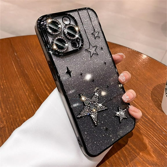 MATN Rhinestone Star Gradient Glitter Case for iPhone 14 15 13 12 Pro Max 11 Plating Shockproof Cover with Lens Filmf,Purple,for iPhone 13pro