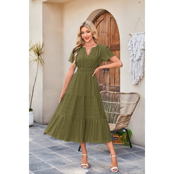 MATN V-neck pleated puff sleeves long-sleeved dress