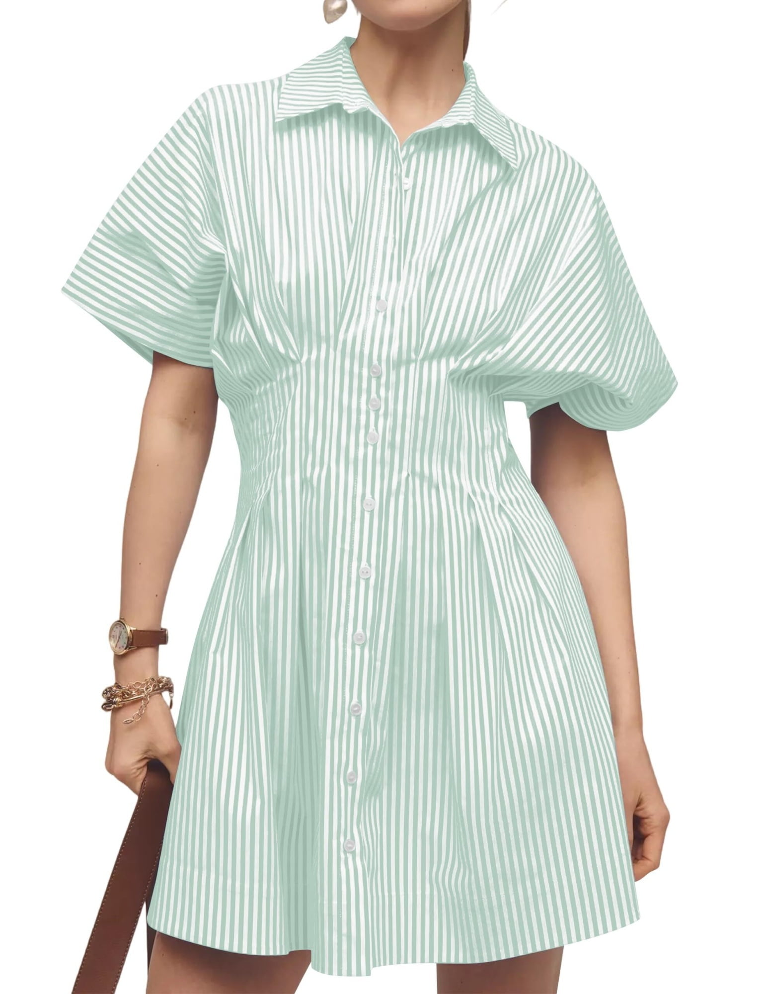 MATN Women Button Front Pleated Striped Shirt Dress Short Sleeve ...