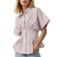 thumbnail image 1 of MATN Women Striped Button Pleated Shirt Short Sleeve Summer Casual Peplum Blouse White, 1 of 5