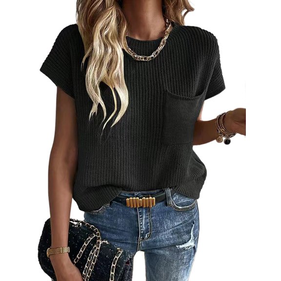 MATN Women Vintage Cap Sleeve Crew Neck Pocket Knit Sweater Vest Sleeveless Loose Fit Vintage Trendy Casual Tank Top Beige