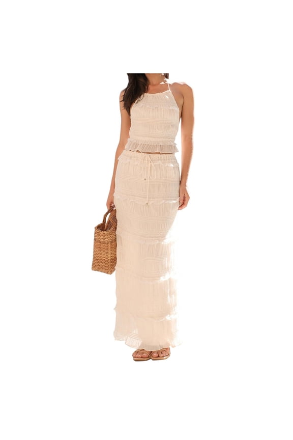 Womens 2 Piece Maxi Skirt Set Y2K Halter Ruffle Ruched Tank Top Tiered Flowy Smocked Beach Long Skirt Summer Outfits