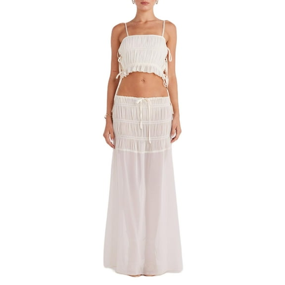 MATN Womens 2 Piece Maxi Skirt Set Y2K Halter Ruffle Ruched Tank Top Tiered Flowy Smocked Beach Long Skirt Summer Outfits