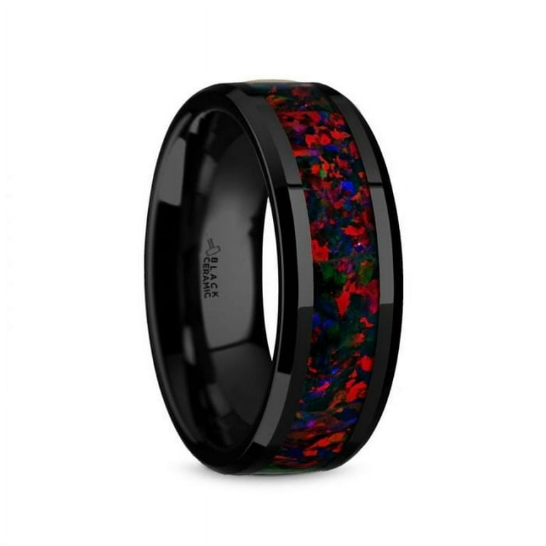 Thorsten MATRIX Black Ceramic Polished Beveled Edges Men’s Wedding Band with Black Opal Inlay Thorsten MATRIX Black Ceramic Polished Beveled Edges Men’s Wedding Band with Black Opal Inlay