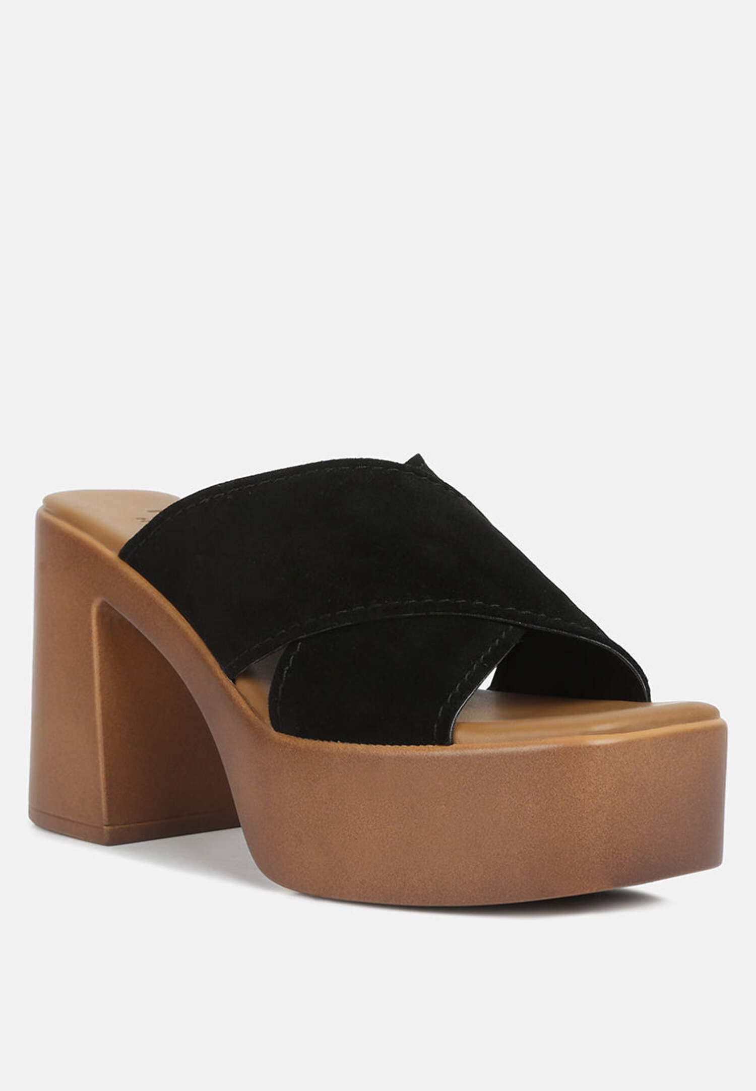 Block Heel Sandals with Crossover Strap Detail - Black