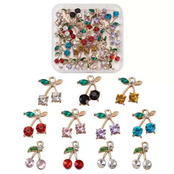MATROOY 1 Box Rhinestone Cherry Pendants Gold Plated Crystal Fruit Dangle Charms-Mixed 30pcs/box
