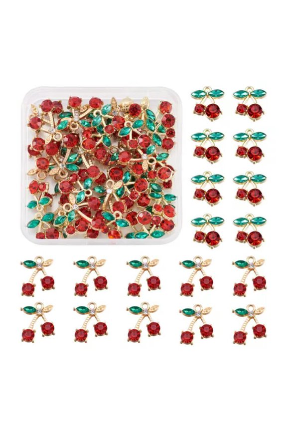 1 Box Rhinestone Cherry Pendants Gold Plated Crystal Fruit Dangle Charms-Red, 2 sizes, 40pcs/box
