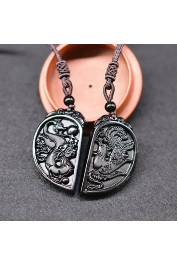 1 Pair Obsidian Taichi Dragon and Phoenix Lucky Pendant Set for Unisex-Heart style