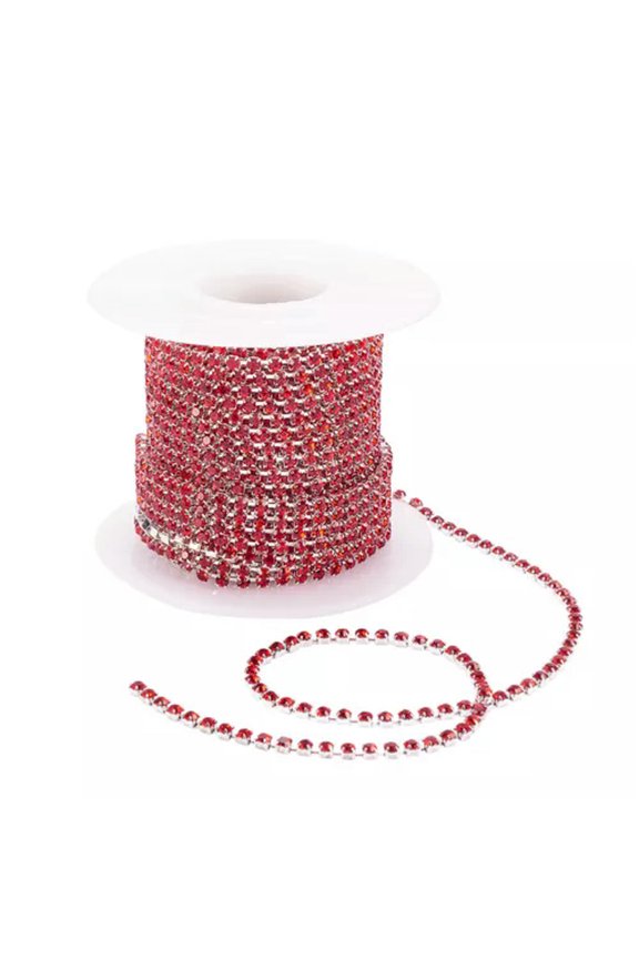 10 Yards Crystal Rhinestone Close Chain Trimming Brass Claw 2mm Multi-Colours-Red (Silver Bottom)
