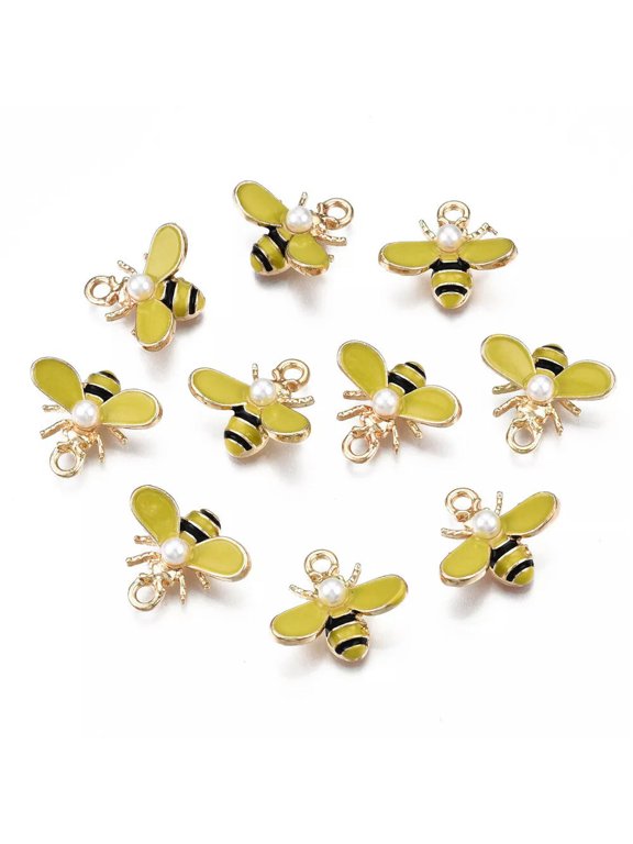 100pcs Alloy Enamel Bee Charms with Imitation Pearl Honeybee Craft Charms