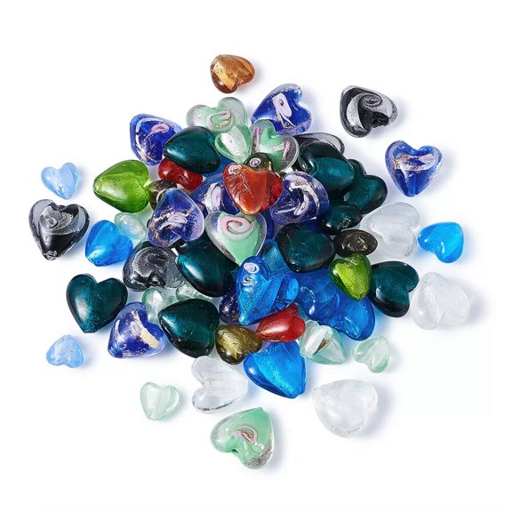 MATROOY 100pcs Handmade Silver Foil Glass Beads Lampwork Heart Random Mixed Sizes