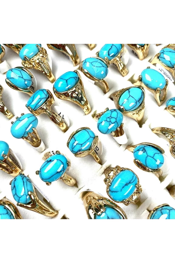 100pcs New Fashion Mixed Lots Blue Turquoise Stone Gold P Unisex Rings