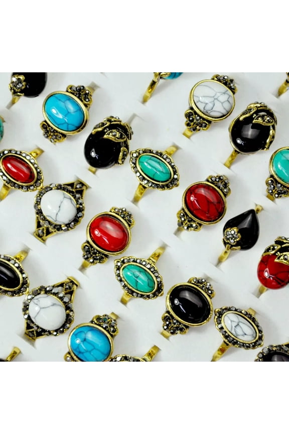 100pcs New Fashion Mixed Lots Turquoise Alloy Gold P Unisex Rings