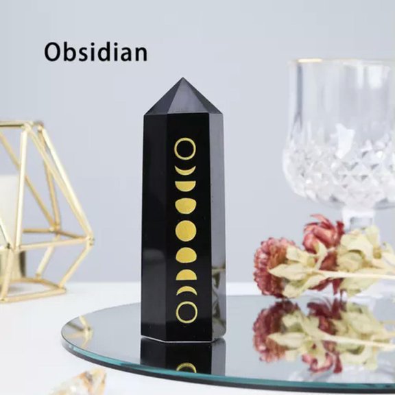 MATROOY 10CM Natural Customized Moon Phase Crystal Point Wand Healing Stone Energy Decor-Obsidian