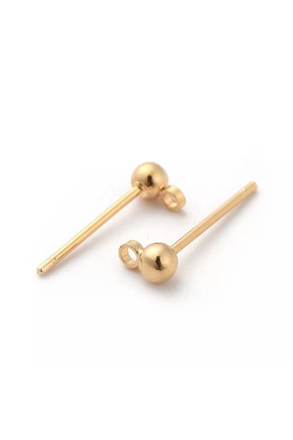 10PCS Electroplated Brass Round Ball Earring Posts with Loop Gold Plated 13mm