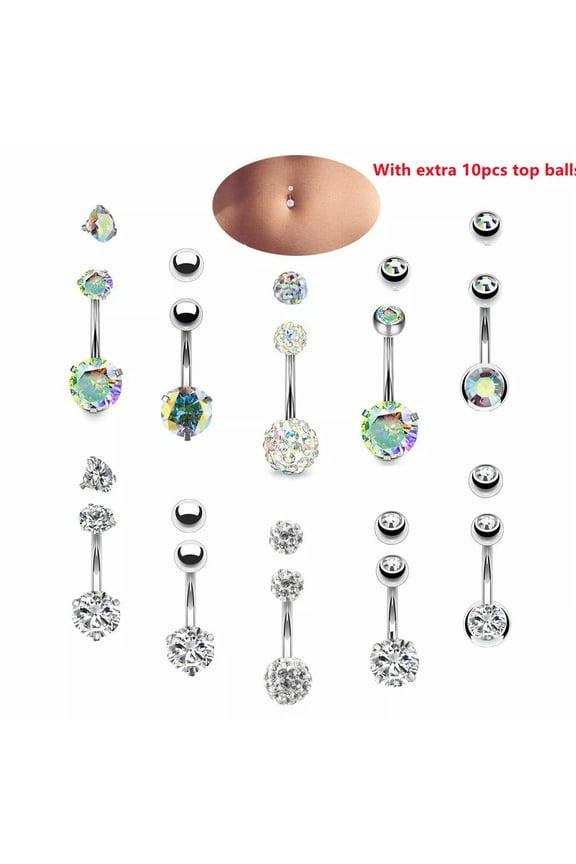 10Pcs 14G Belly Button Rings Surgical Steel Barbell Navel Rings CZ Body Piercing