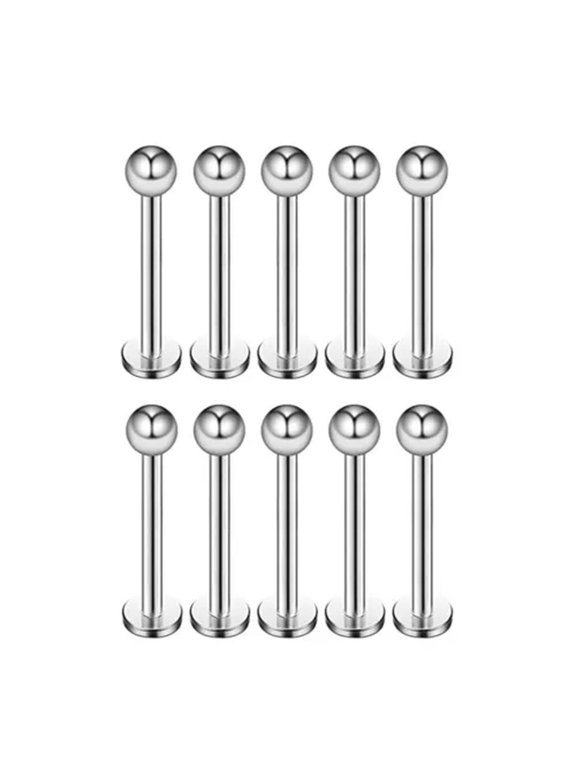 10Pcs 16G Stainless Steel Labret Ear Lip Ring Ball Stud Body Piercing Bars Lot-Silver-16g (1.2 mm)-8mm-3mm