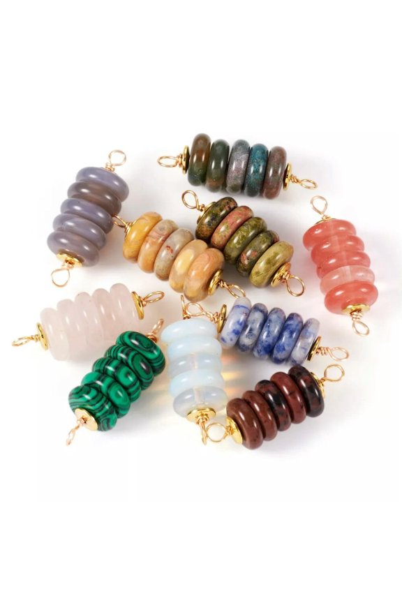 10Pcs Mixed Gemstone Copper Wire Wrapped Disc Column Connector Charms 35x12mm