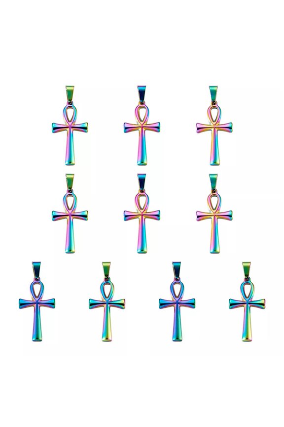 10Pcs Stainless Steel Ankh Cross Pendants Rainbow Cross Necklace Charms 30x16mm