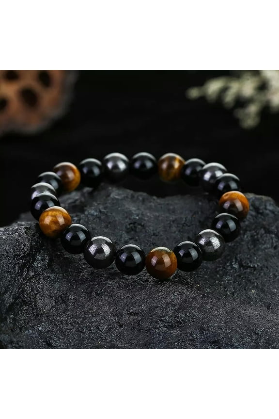 10mm Beaded Triple Protection Tiger Eye Obsidian Hematite Men Stretchy Bracelet