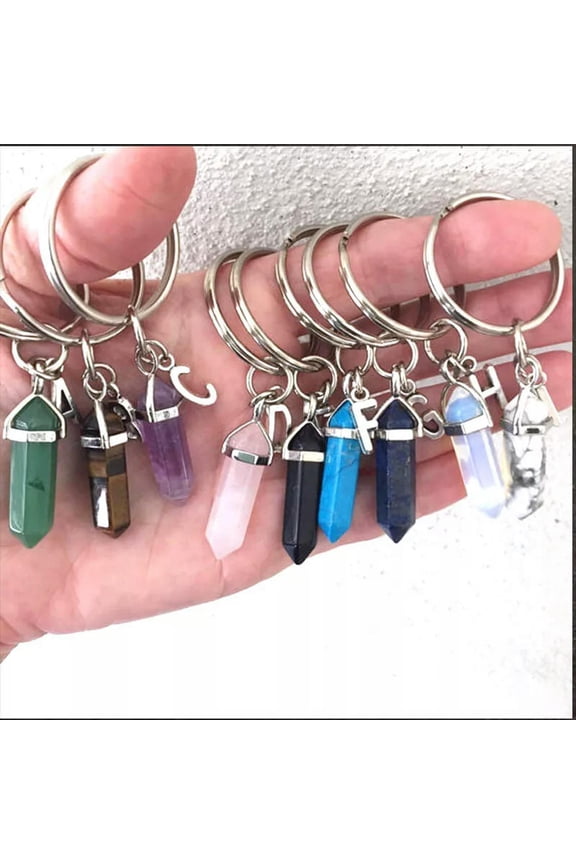 10pc Natural Hexagonal Point Crystal Stone Keychain Reiki Healing Letter Keyring